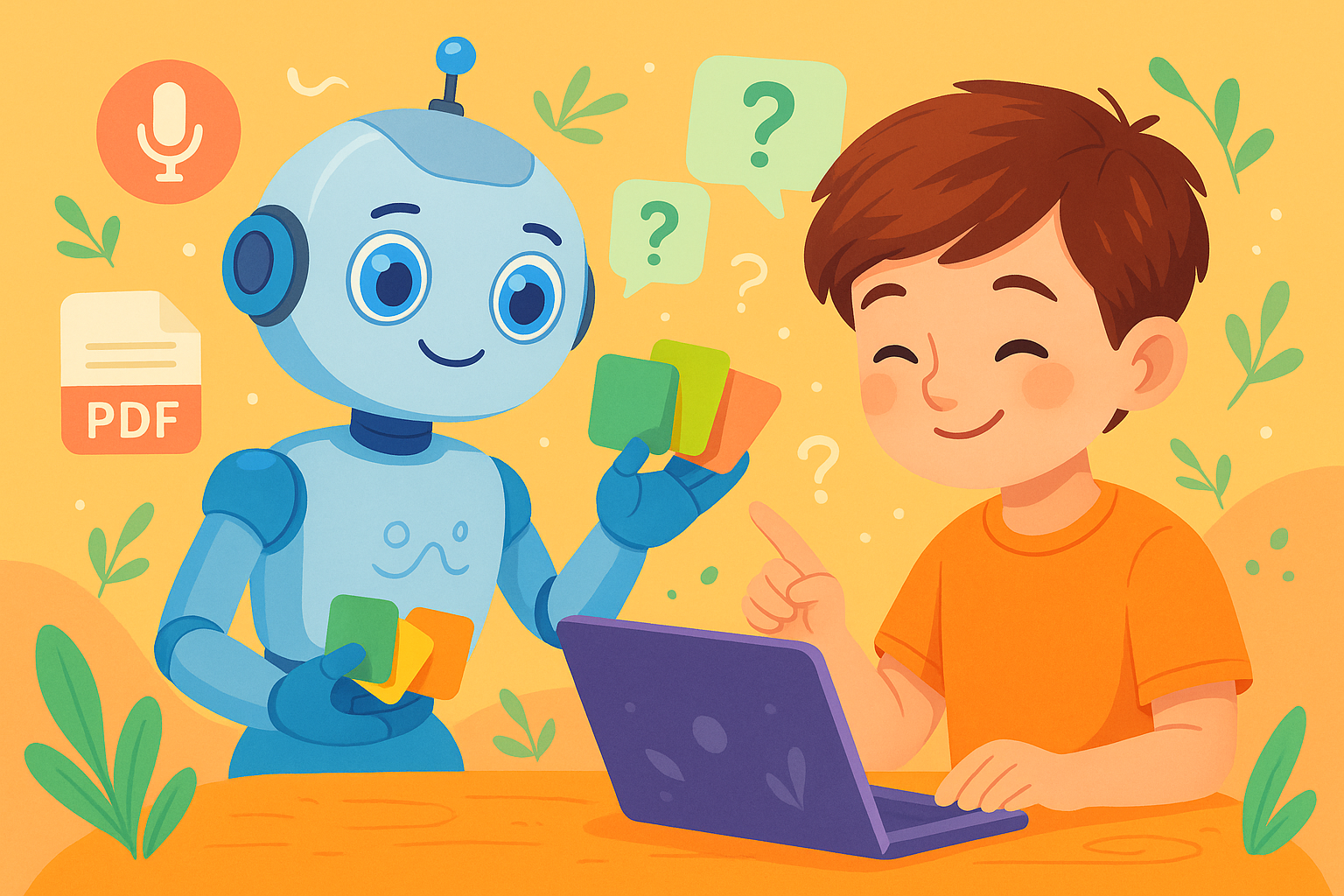 AI robot generating educational questions from books, futuristic interface, colorful digital illustration